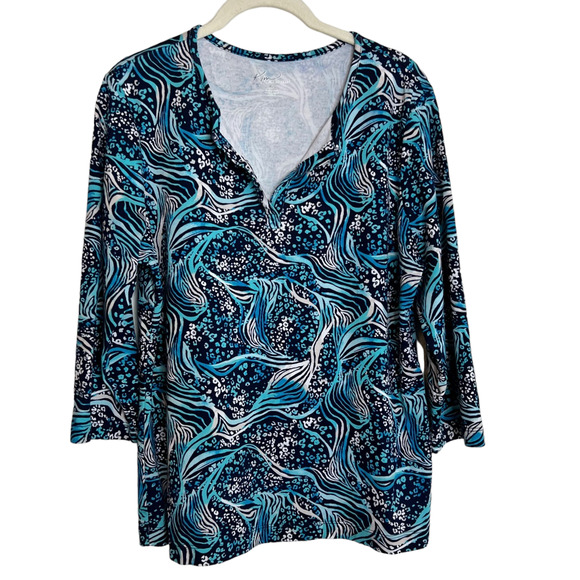 Kim Rogers Womens Tee Large Blue Abstract Print 100% Cotton 3/4 Length Sleeves - Picture 1 of 5